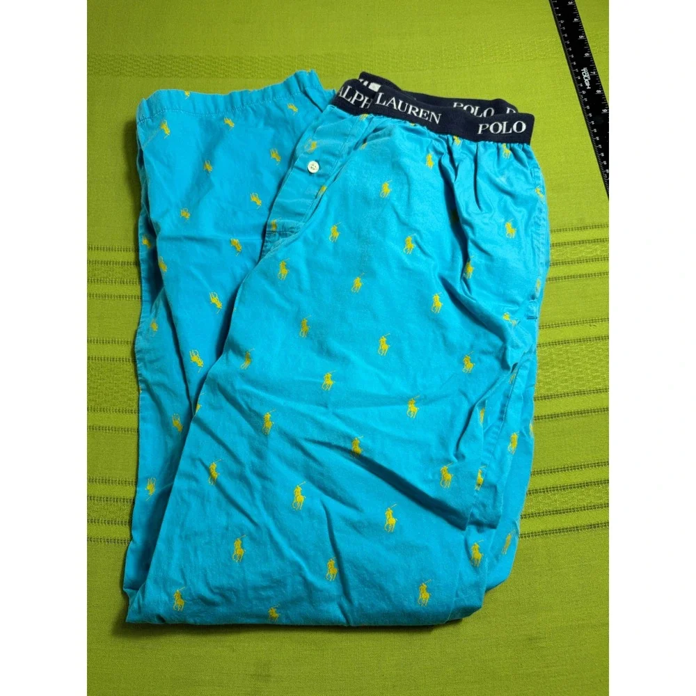 Polo Ralph Lauren Mens Blue Yellow Pony Logo Cotton Pajama Sleep Pants Large